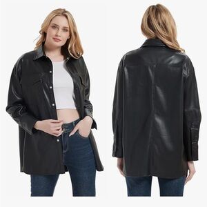 RISISSIDA Faux Leather Shacket Jacket Vegan Leather Button Down Shirt Shacket